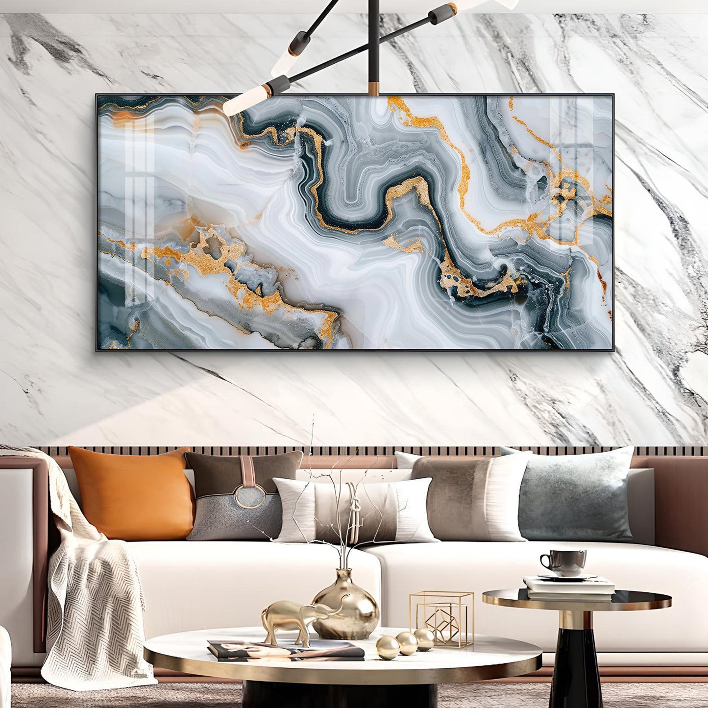 Modern Abstract Golden & Gray Glass Finish Horizontal Wall Art