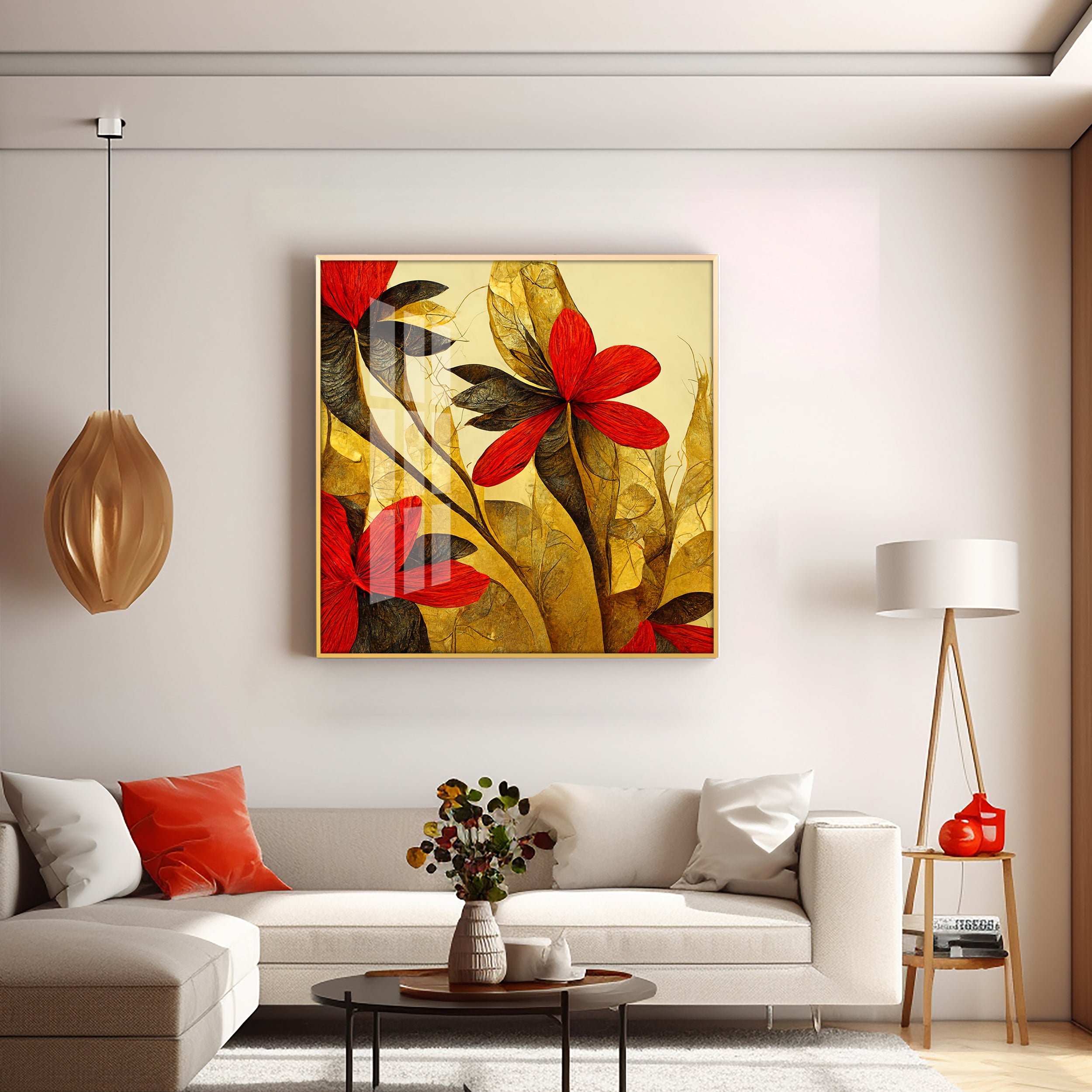 Scarlet Bloom Glass Finish Square Wall Art