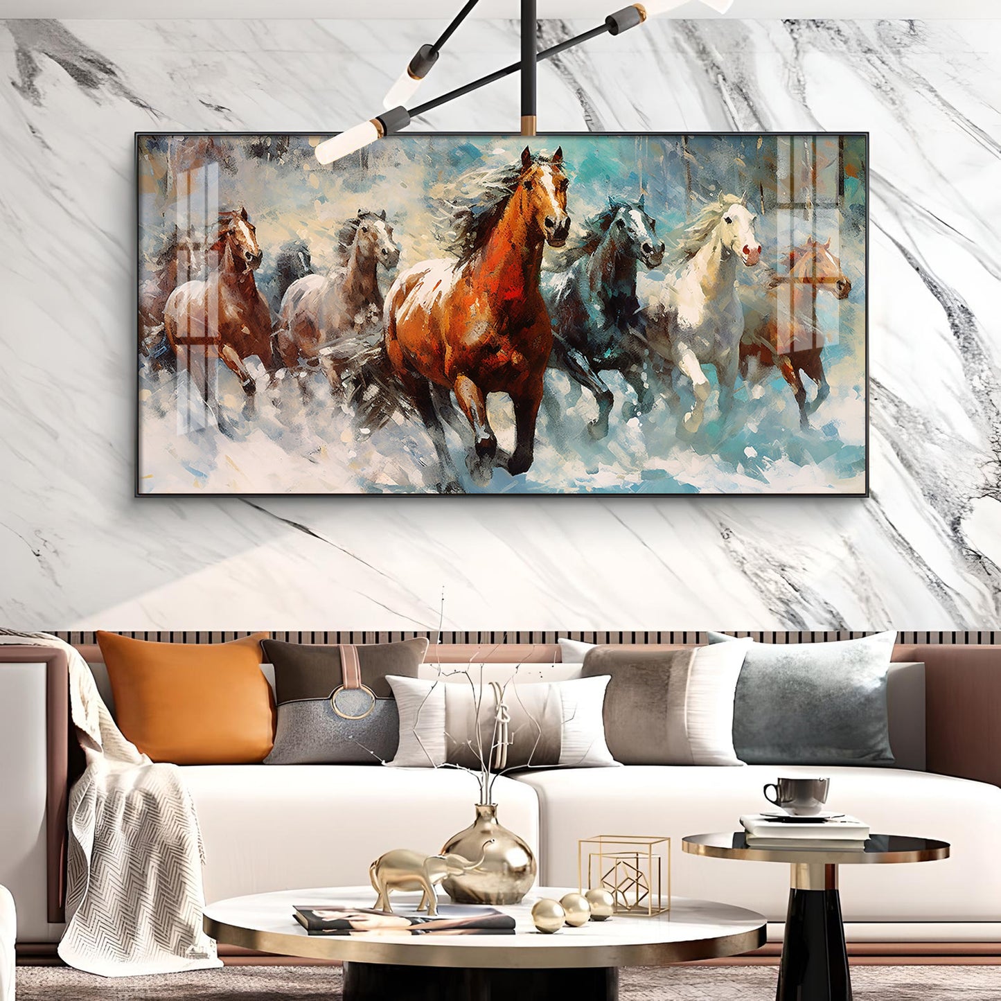 Running Horses Vastu Glass Finish Horizontal Wall Art