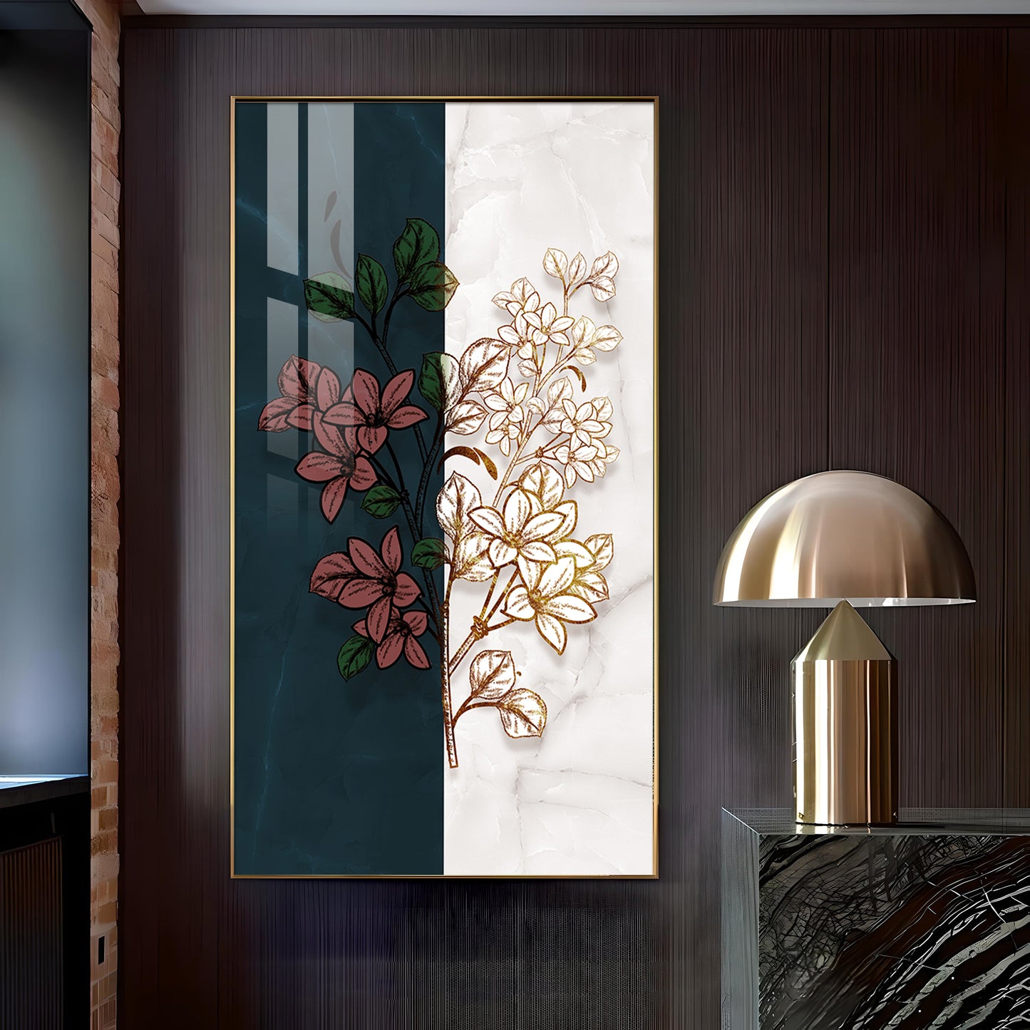 Dual Floral Marble Glass Finish Vertical Wall Art