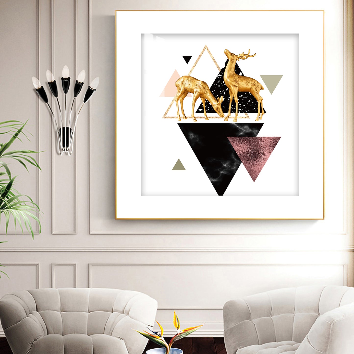 Two Luxe Antlers Glass Finish Square Wall Art