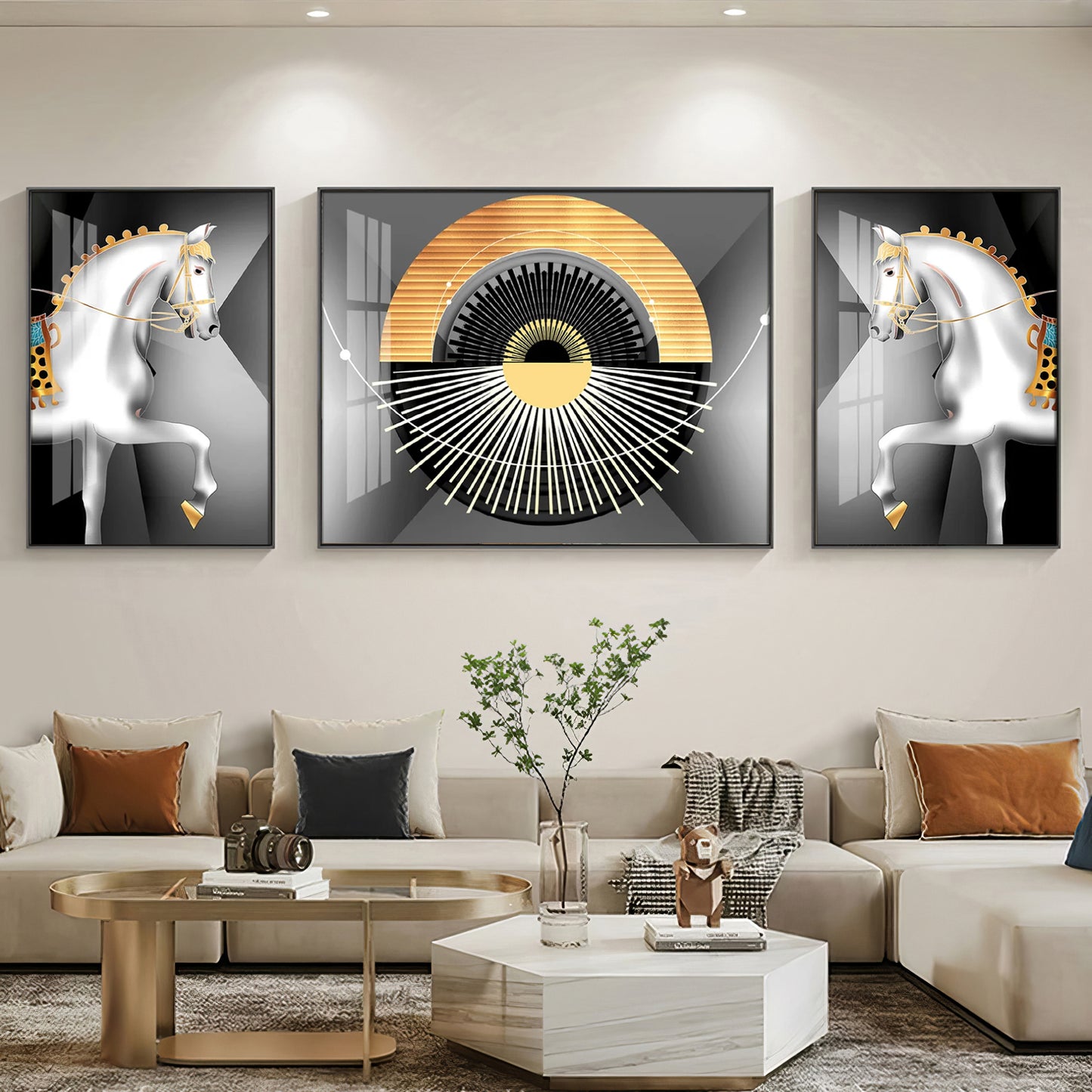 White Horse Harmony Glass Finish Wall Art (Set Of 3)