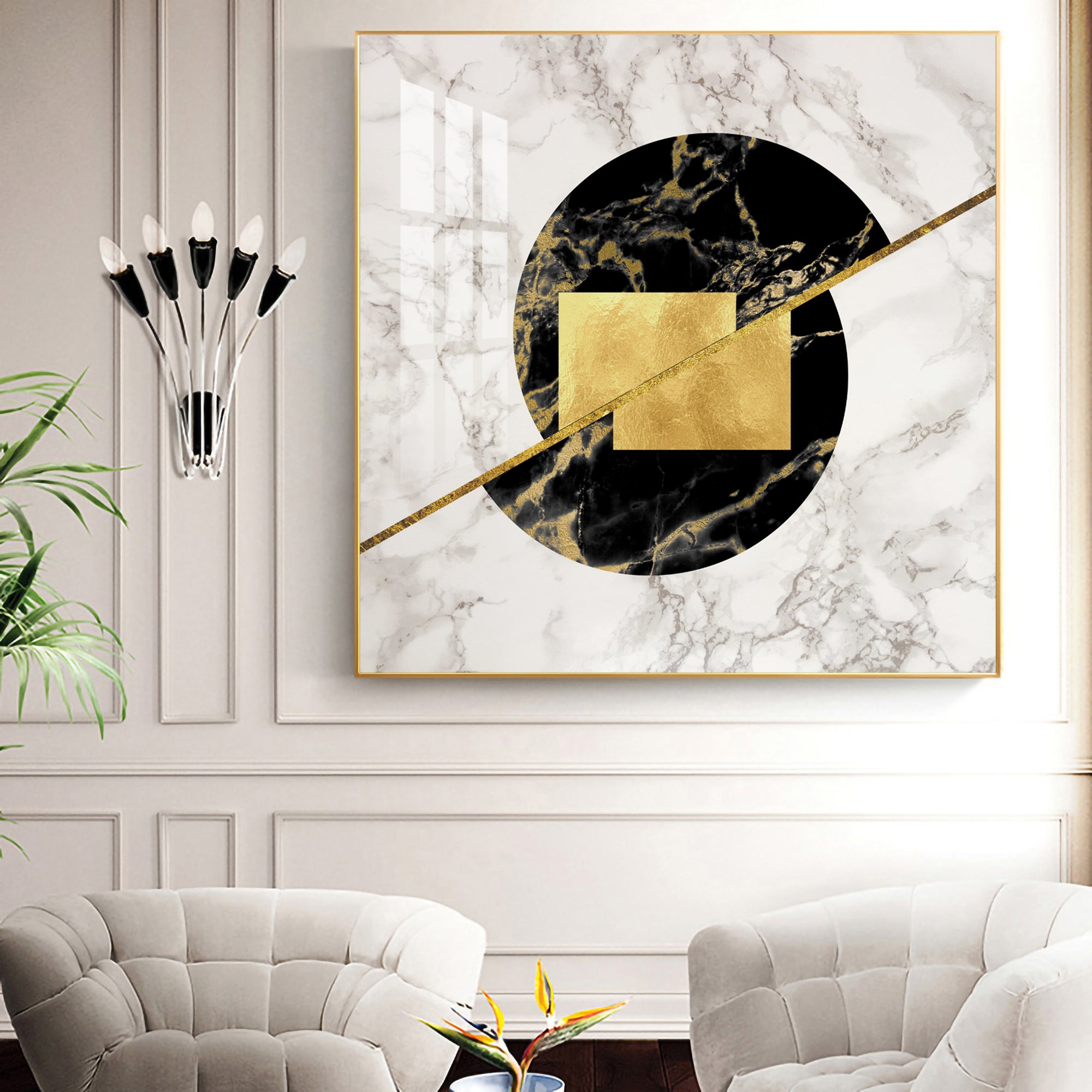 Gold-Infused Black Marble Glass Finish Square Wall Art