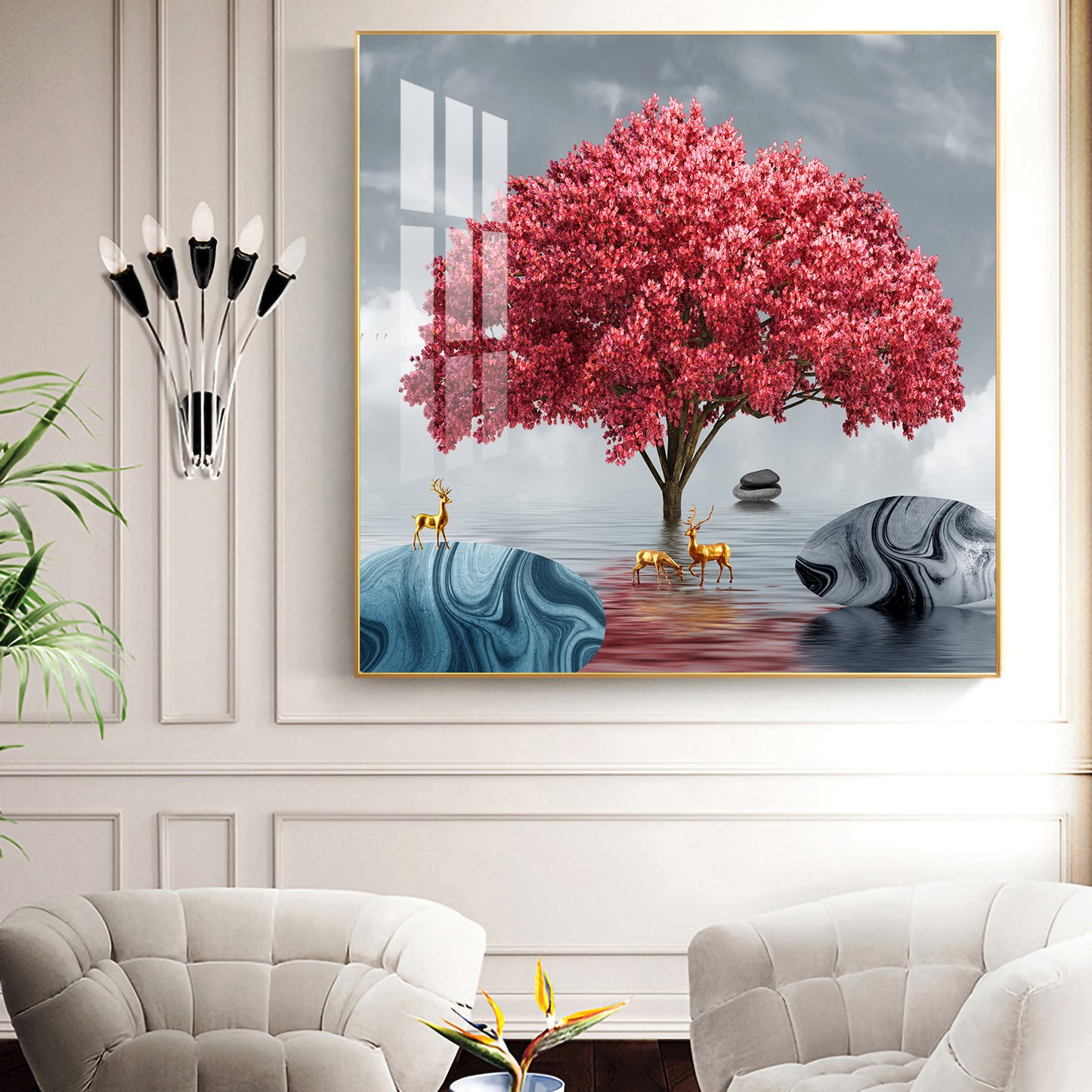 Rosy Bloom Tree Glass Finish Square Wall Art