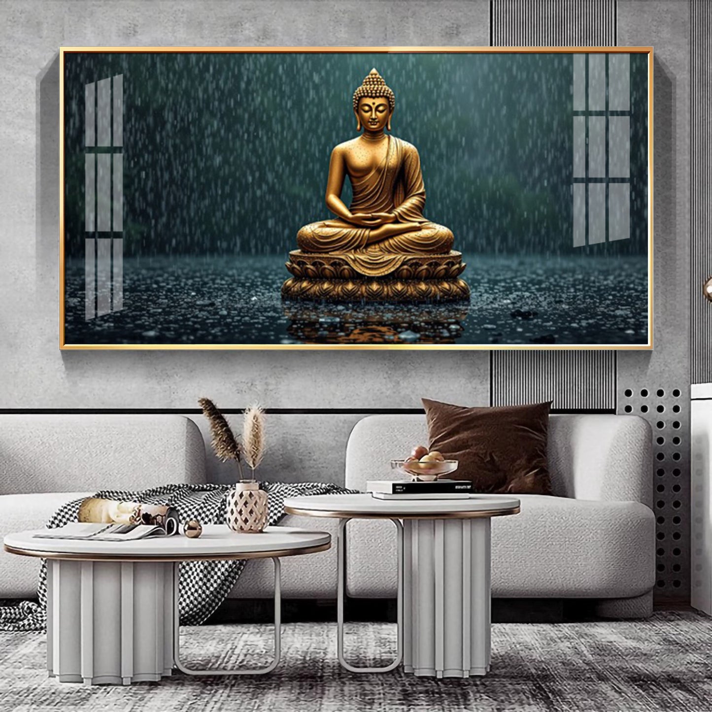 Golden Calm Budha Glass Finish Horizontal Wall Art