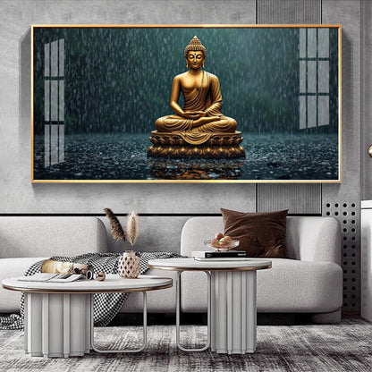 Golden Calm Budha Glass Finish Horizontal Wall Art