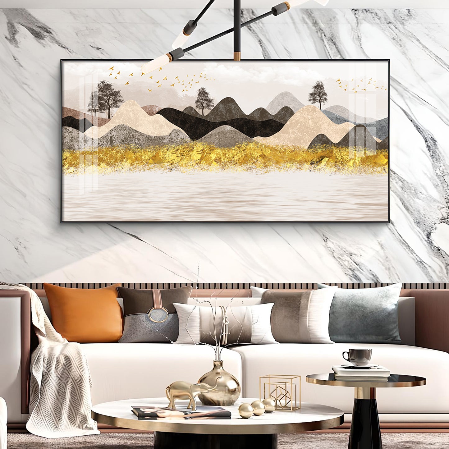 Colorful Golden Mountain Glass Finish Horizontal Wall Art