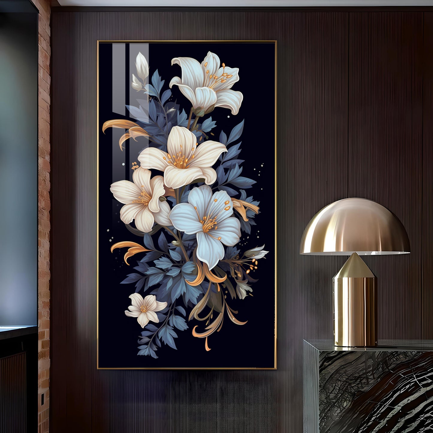 Obsidian Floral Glass Finish Vertical Wall Art