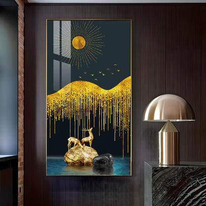 Golden Deer Essence Glass Finish Vertical Wall Art