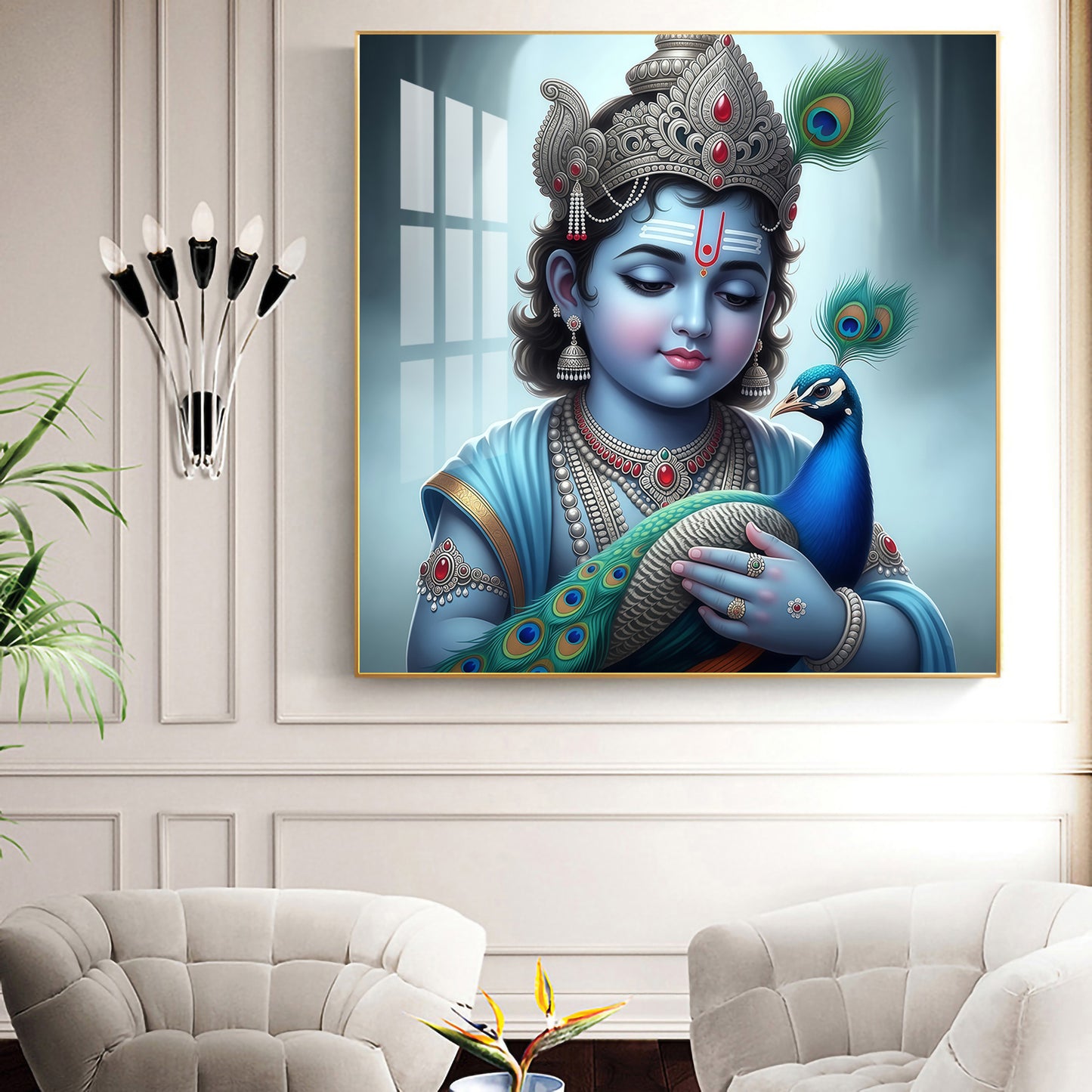 Baby Krishna With Peacock Glass Finish Square Wall Art