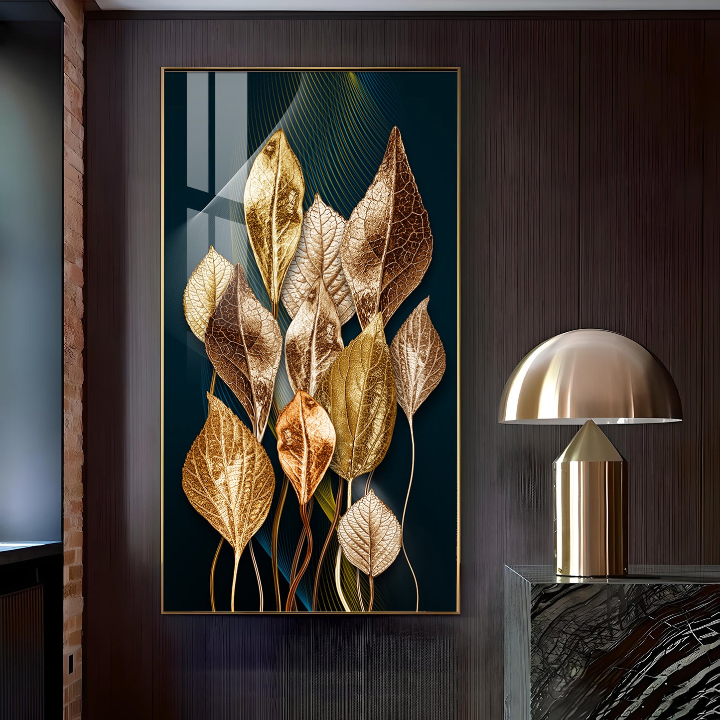 Golden Leafy Luxe Glass Finish Vertical Wall Art