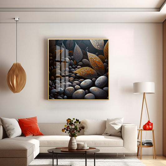 Leaves and Stones Glass Finish Square Wall Art