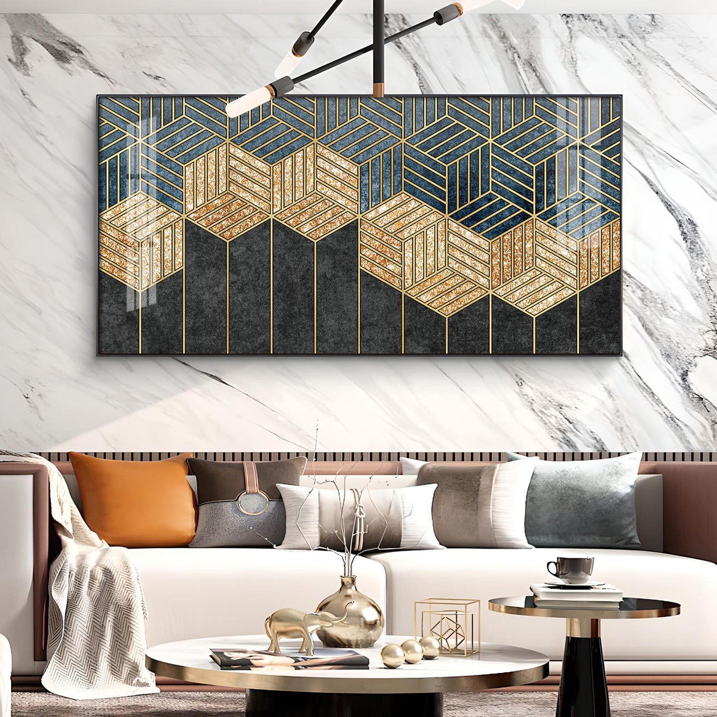 Hampton Abstract Black & Gold Glass Finish Horizontal Wall Art