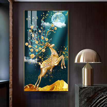 Golden Antlers and Blossoms Glass Finish Vertical Wall Art