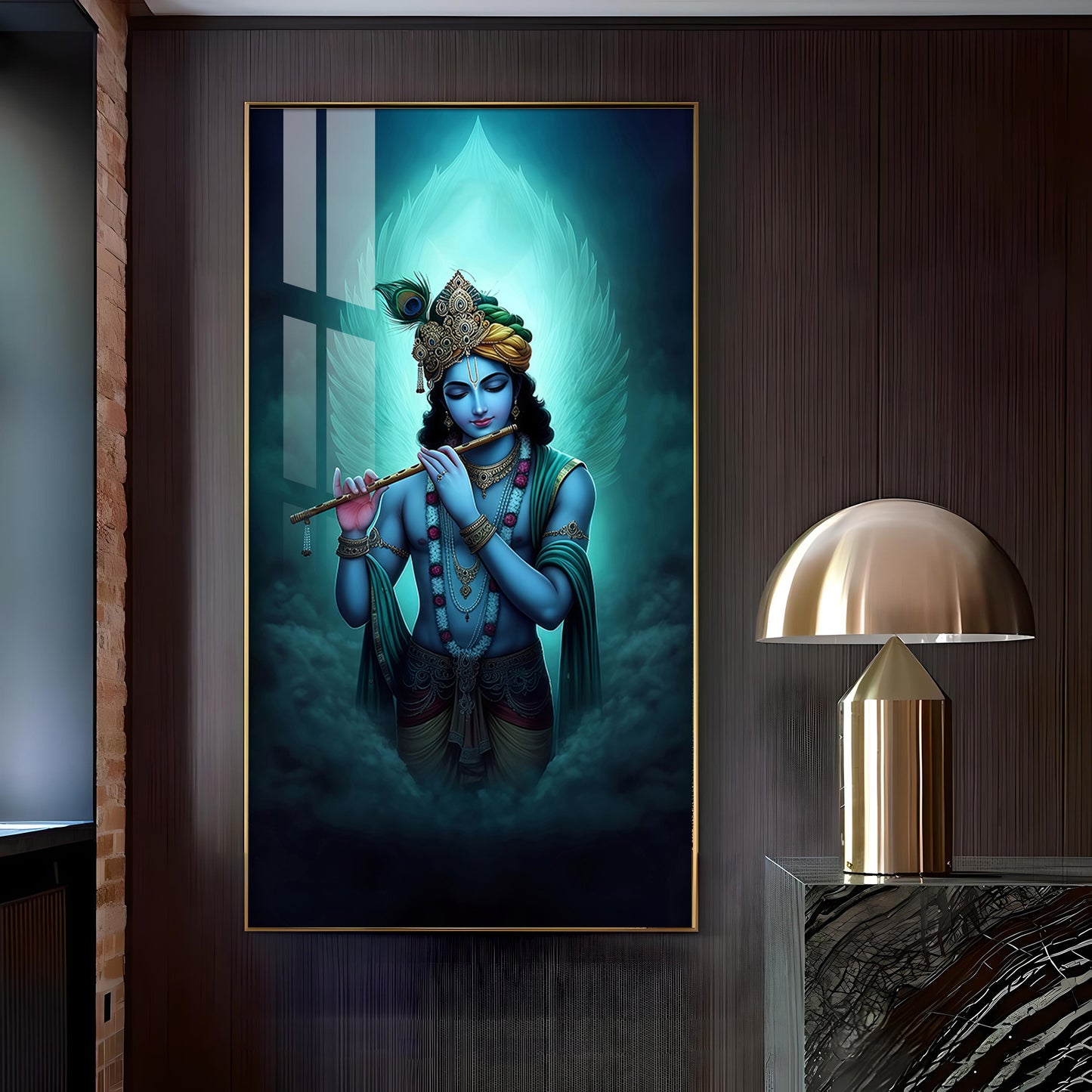 Spiritual Krishna In Vibrant Color Glass Finish Vertical Wall Art