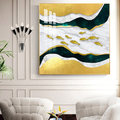 Golden Abstraction Of Fishes Glass Finish Square Wall Art