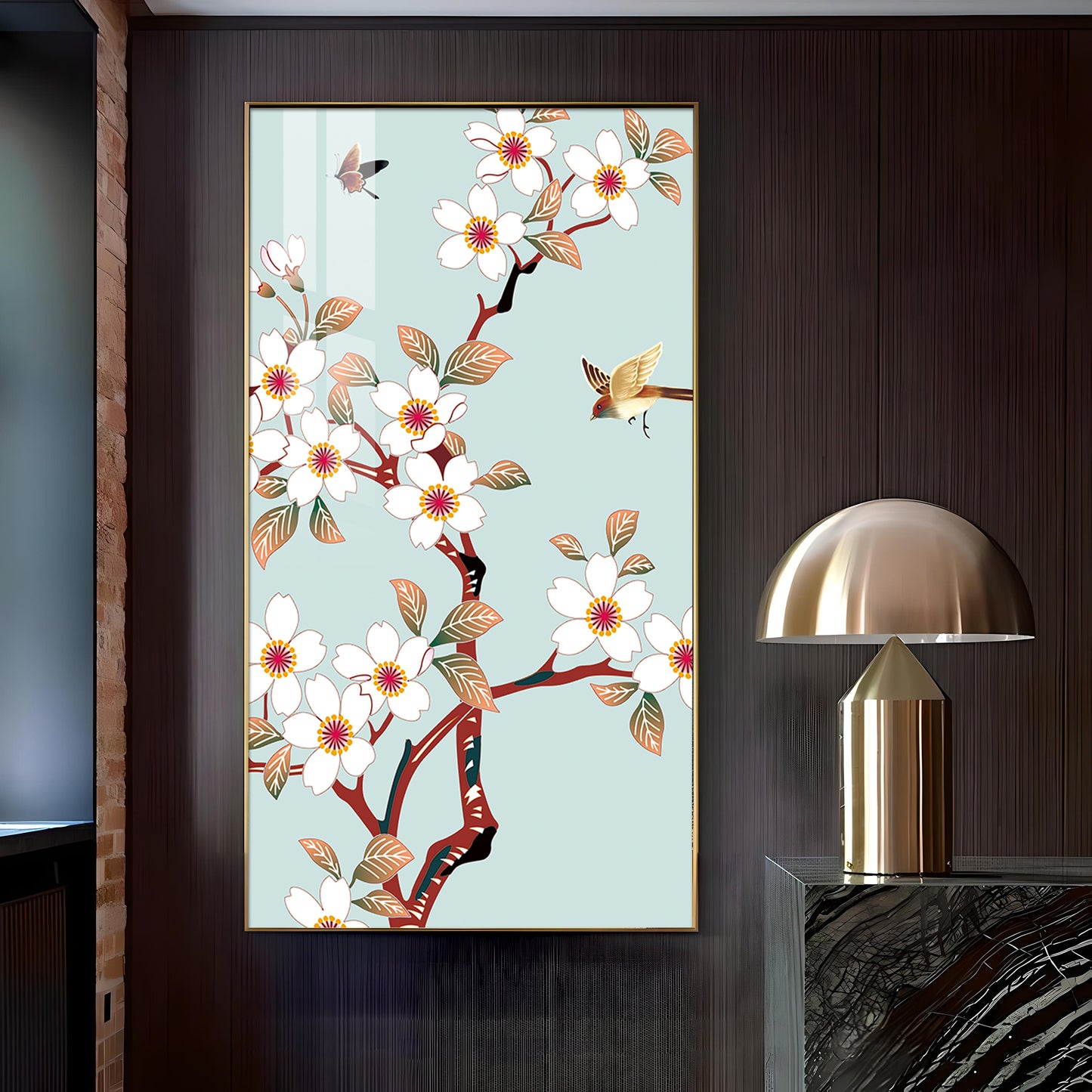 Avian Blossom Glass Finish Vertical Wall Art