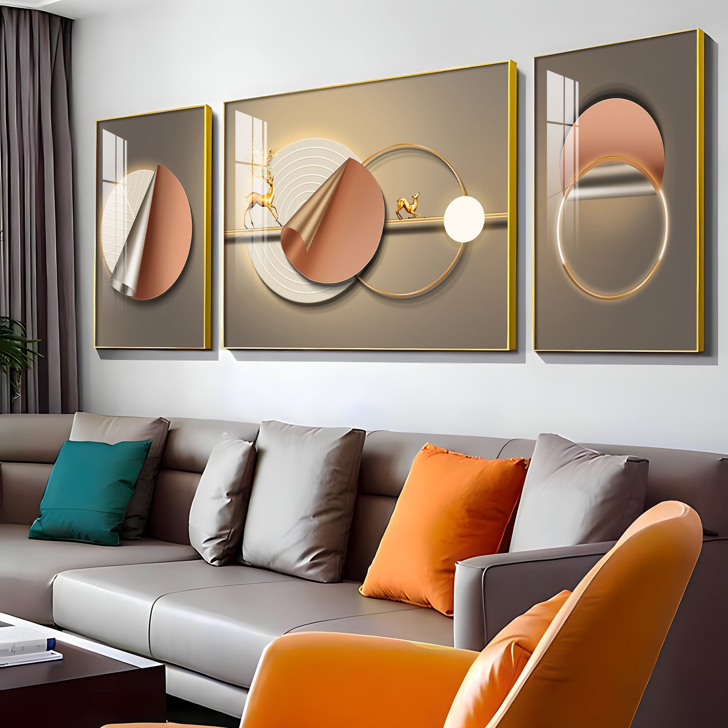Golden Horizon Glass Finish Wall Art (Set Of 3)