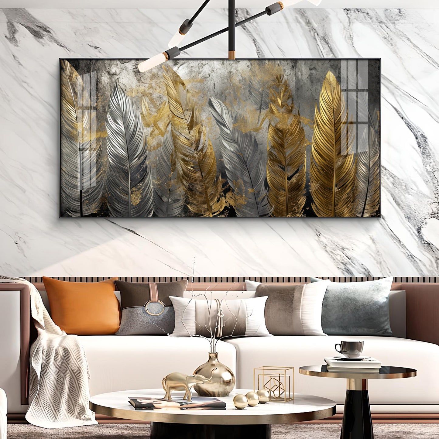 Golden And Silver Feather Glass Finish Horizontal Wall Art