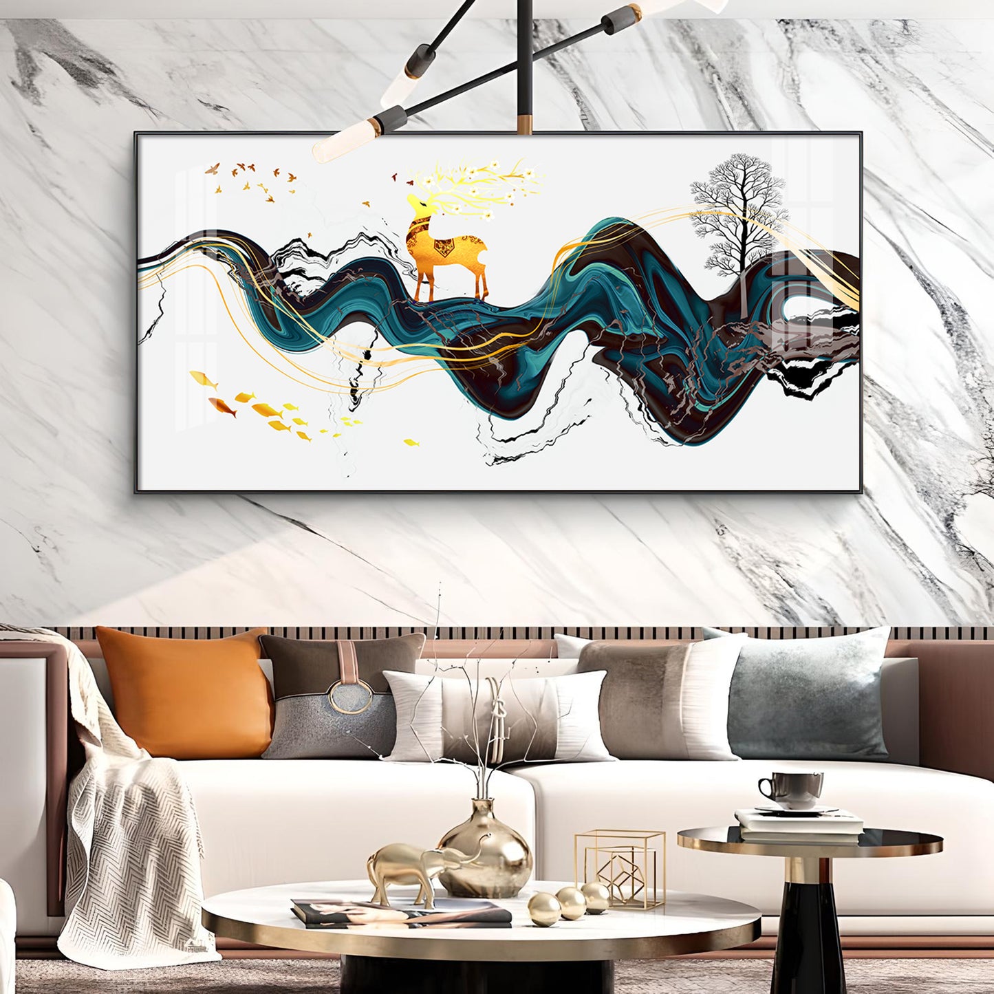 Golden Deer With Multi Color Floating Glass Finish Horizontal Wall Art