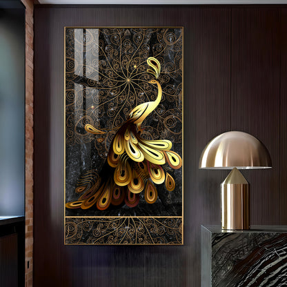 Golden Veil Peacock Glass Finish Vertical Wall Art