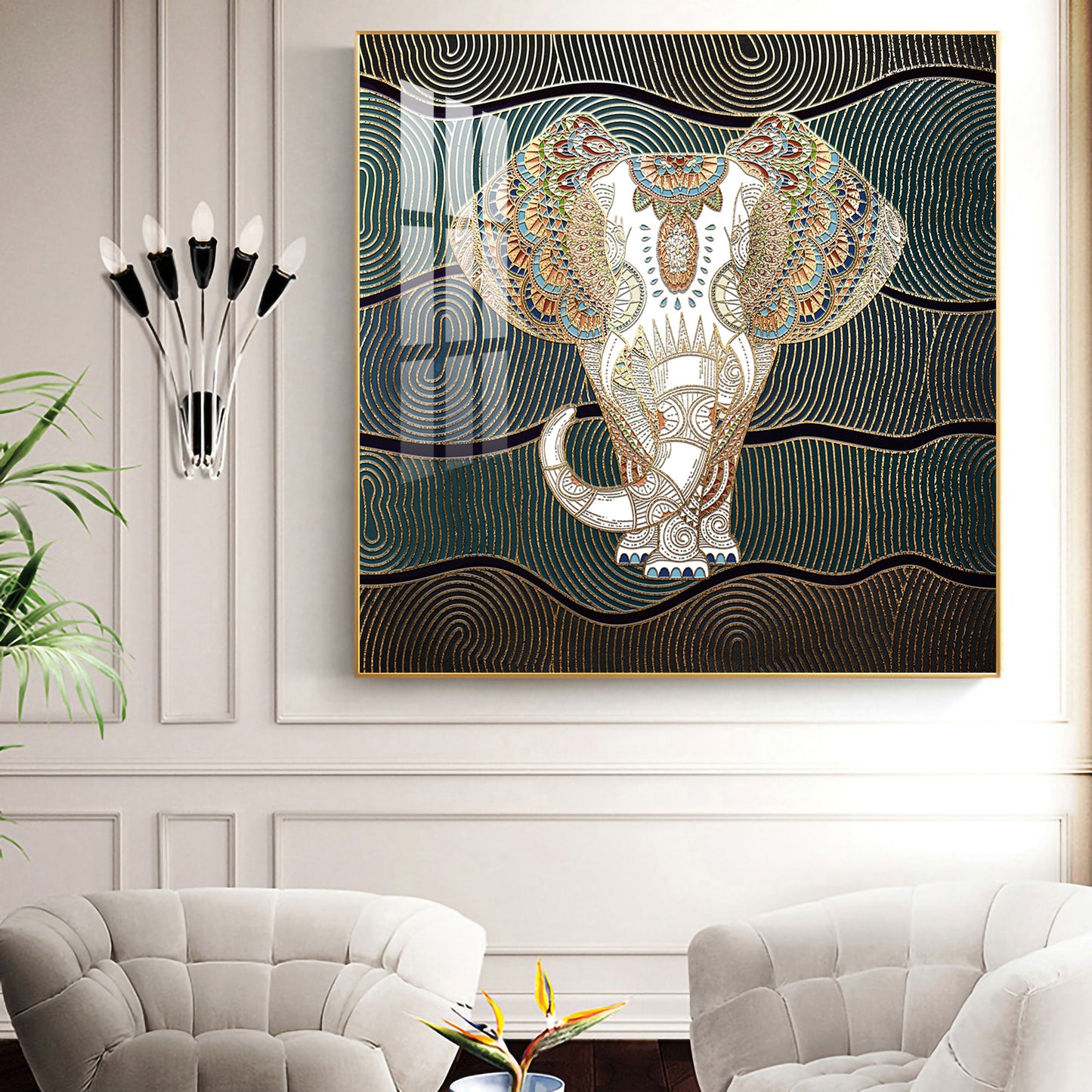 Regal Elephant Portrait Glass Finish Square Wall Art