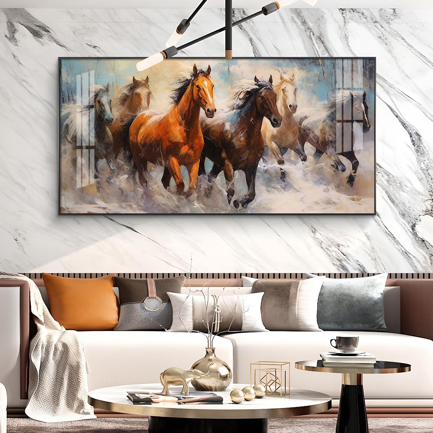 Jungle Running Horses Vastu Glass Finish Horizontal Wall Art