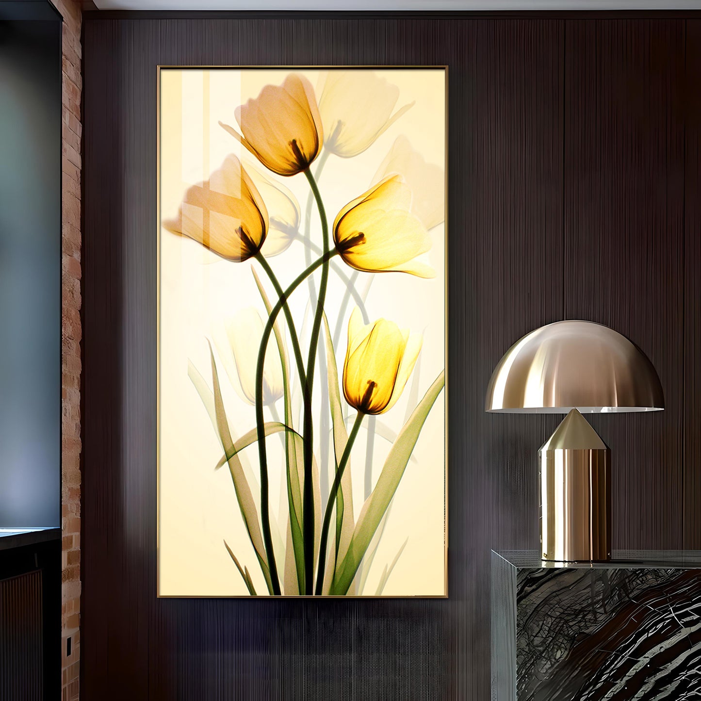 Radiant Yellow Tulips Glass Finish Vertical Wall Art