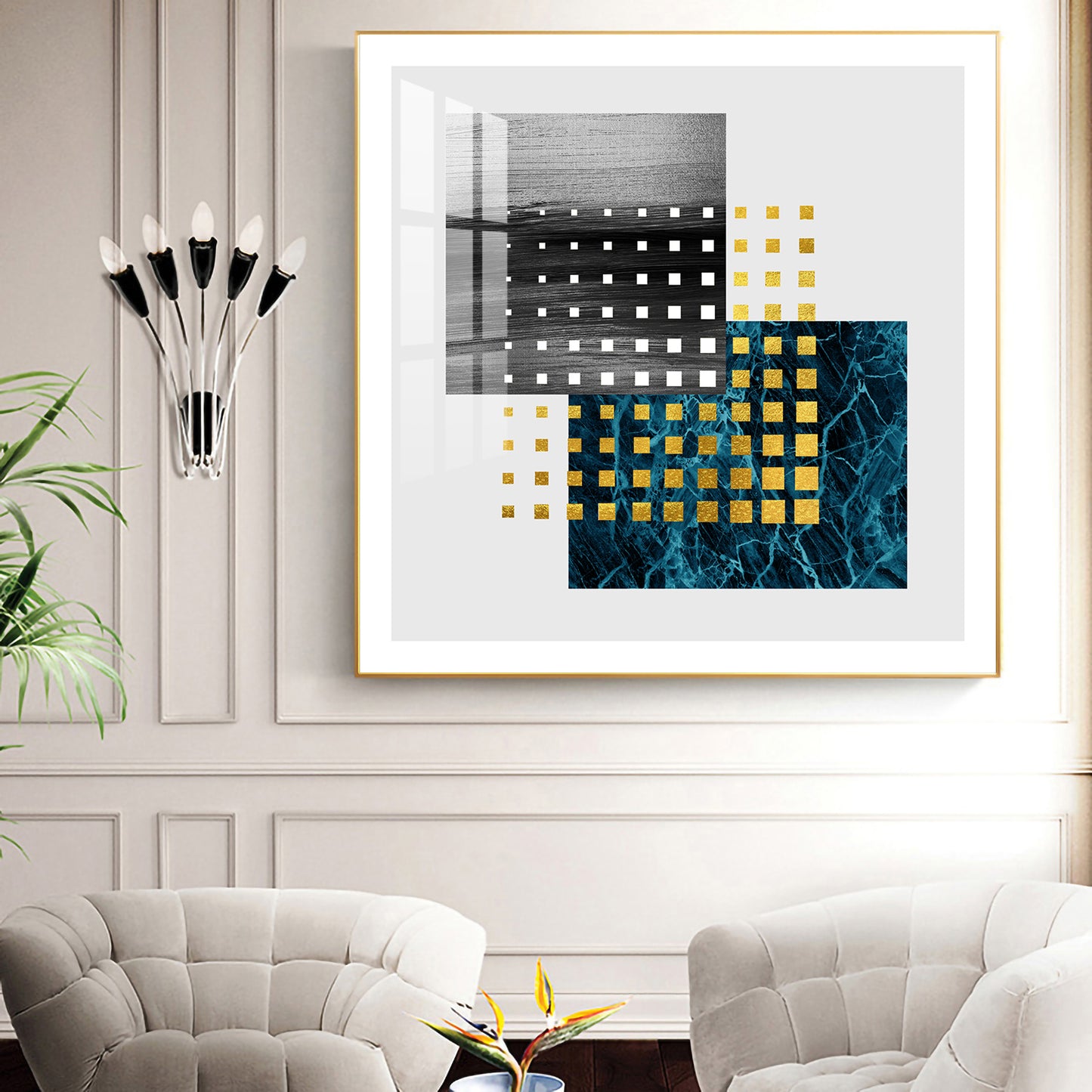 Golden Noir Mosaic Glass Finish Square Wall Art