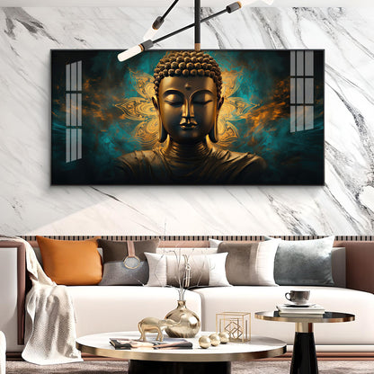 Lord Buddha Golden Glass Finish Horizontal Wall Art