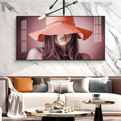 Modern Lady With Hat Glass Finish Horizontal Wall Art