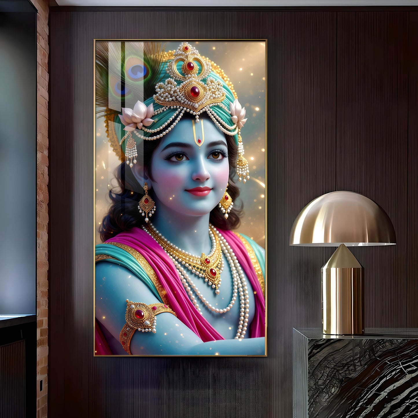 Lord Jai Shri Krishna Glass Finish Vertical Wall Art