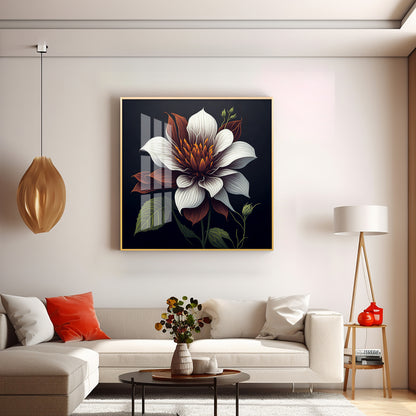 Floral Harmony in White Glass Finish Square Wall Art