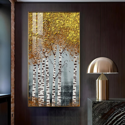 Autumnal Birch Reverie Glass Finish Vertical Wall Art