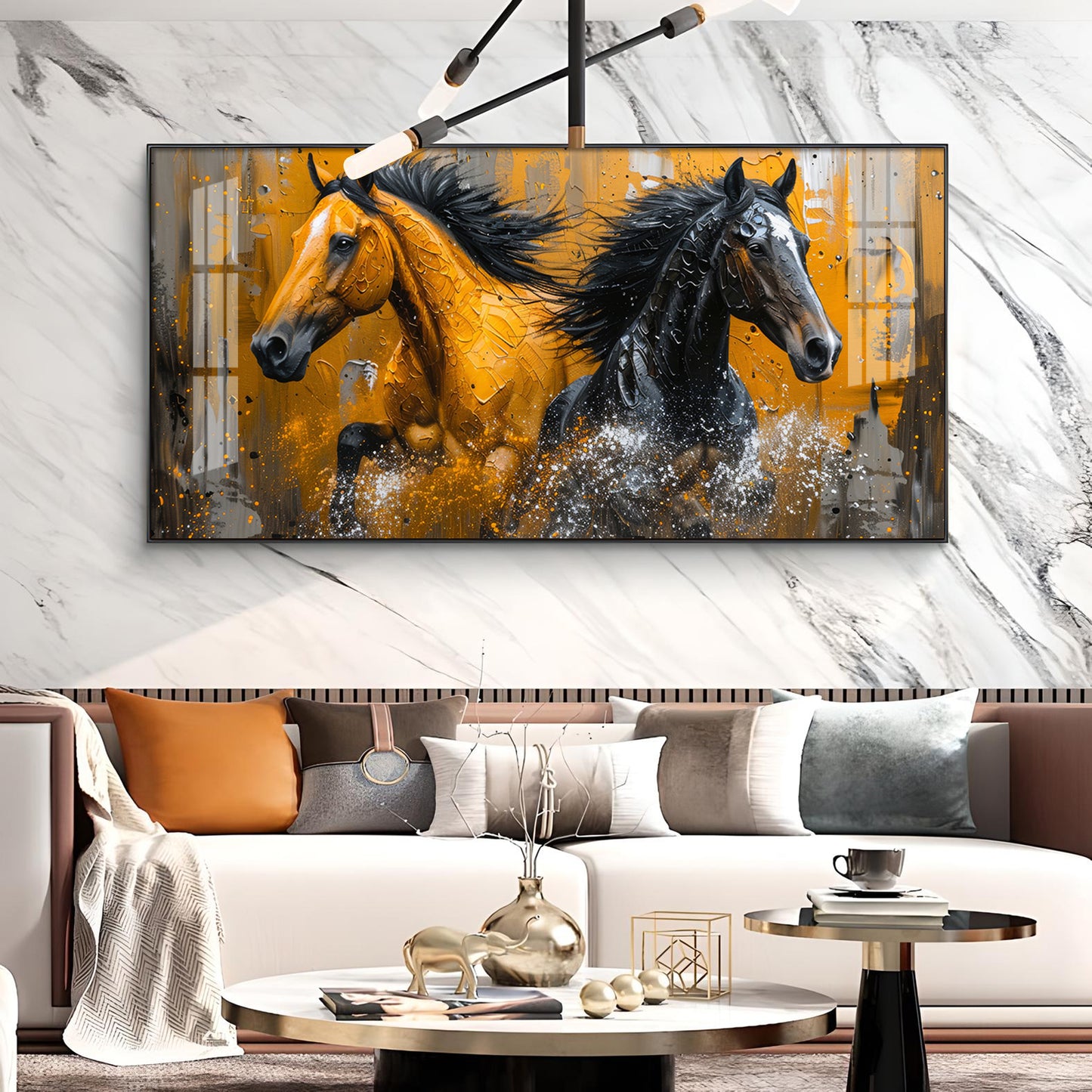 Two Horses Glass Finish Horizontal Wall Art