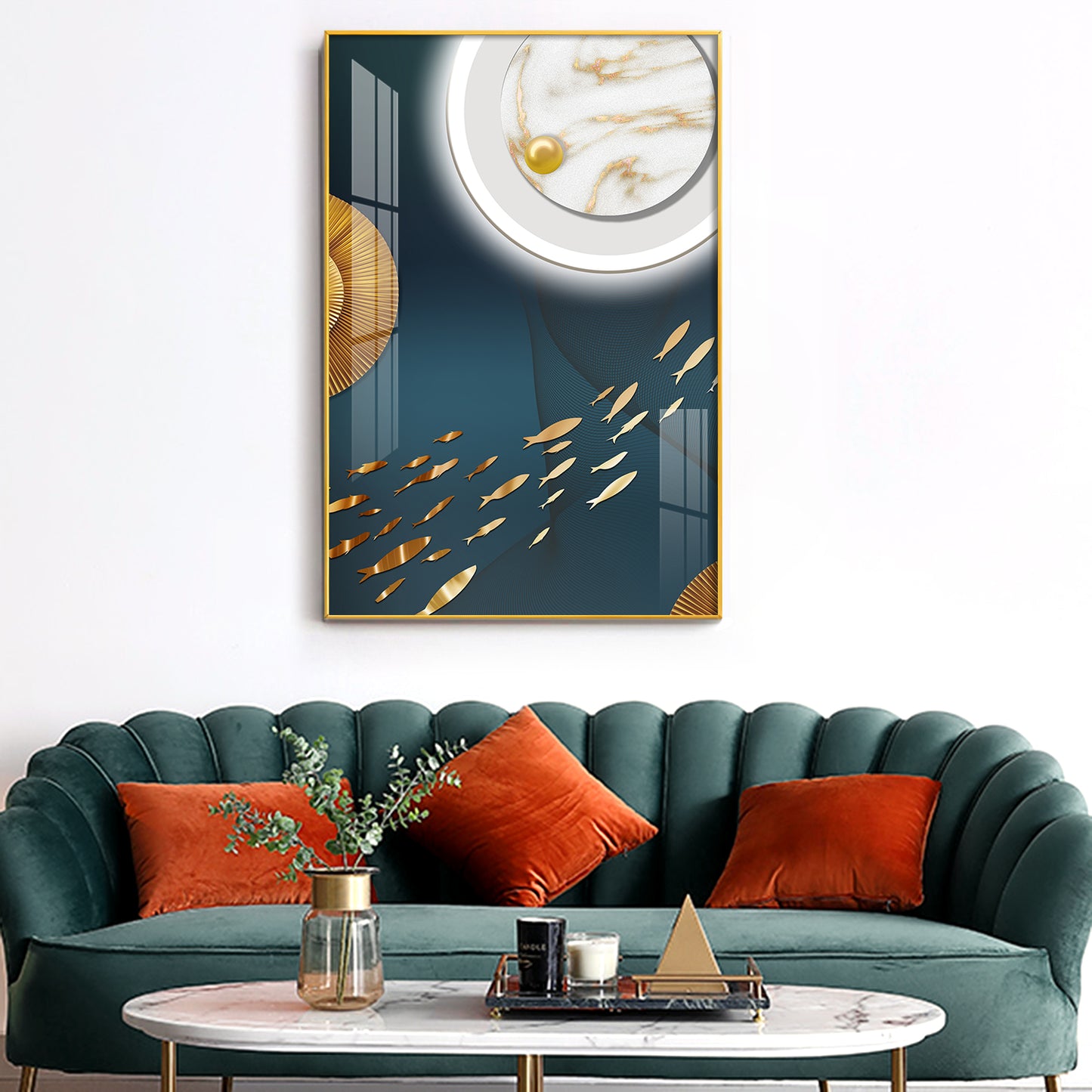 Tranquil Fish In White Space Glass Finish Vertical Wall Art