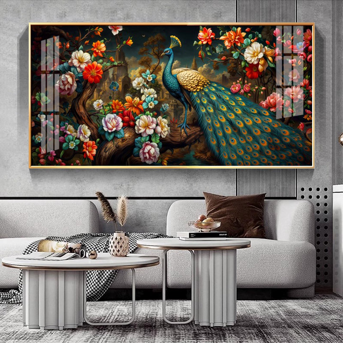 Peacock In Colorful Blossom Glass Finish Horizontal Wall Art