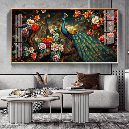 Peacock In Colorful Blossom Glass Finish Horizontal Wall Art