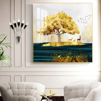 Golden Tree and Deer Glass Finish Square Wall Art