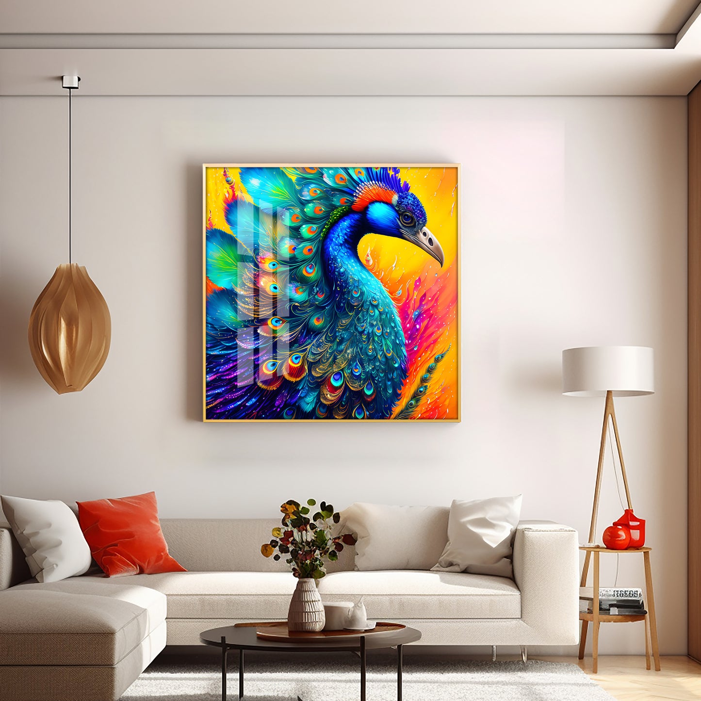 Radiant Peacock Glass Finish Square Wall Art