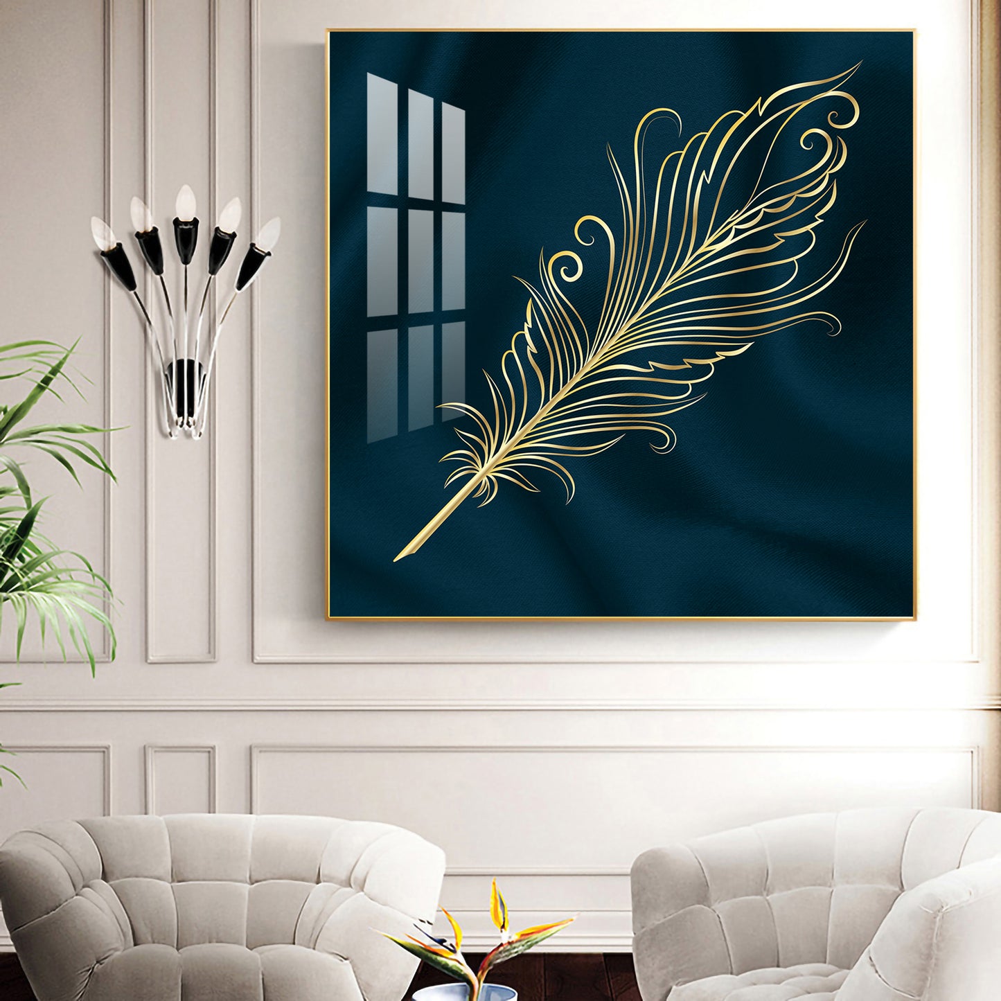 Feather on Azure Glass Finish Square Wall Art