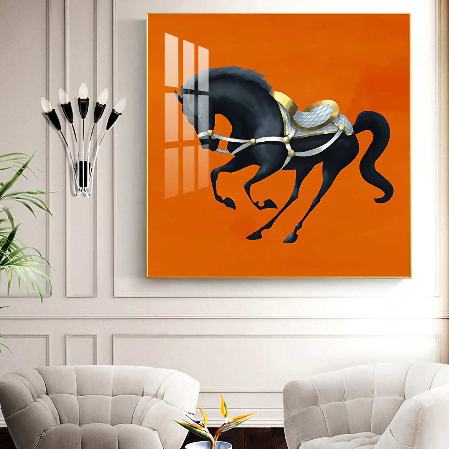 Jumping Horse In Orange Horizon Glass Finish Square Wall Art