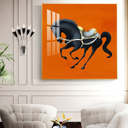 Jumping Horse In Orange Horizon Glass Finish Square Wall Art