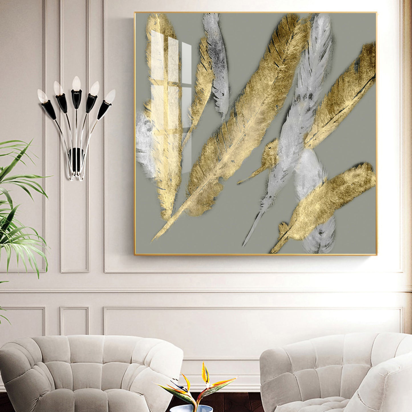 Feathered Elegance Glass Finish Square Wall Art