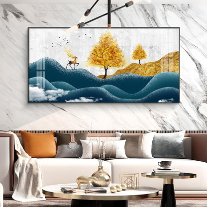 Deer In Forest Glass Finish Horizontal Wall Art