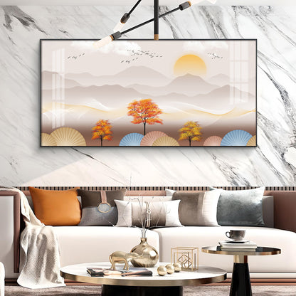 Tree With Mountains Glass Finish Horizontal Wall Art