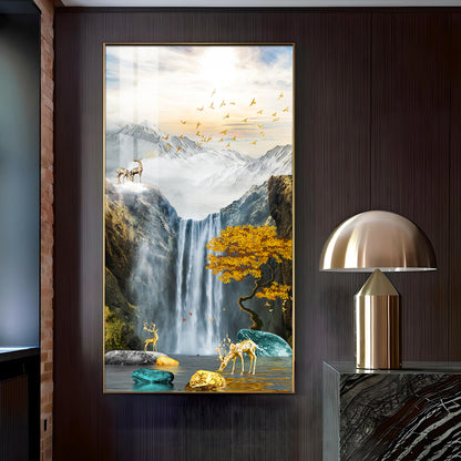 Alpine Gold Reindeer Waterfall Glass Finish Vertical Wall Art