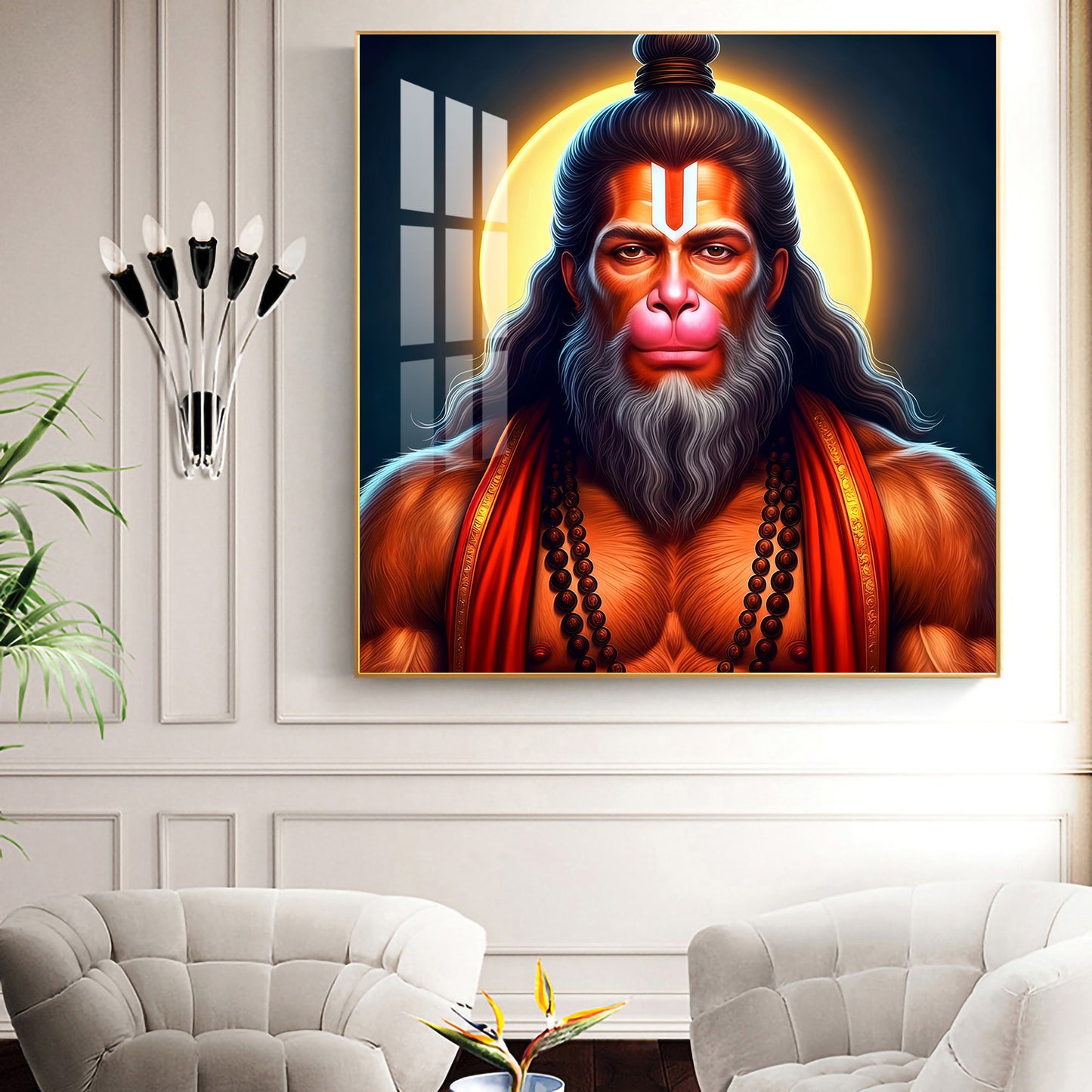 Lord Hanuman Glass Finish Square Wall Art