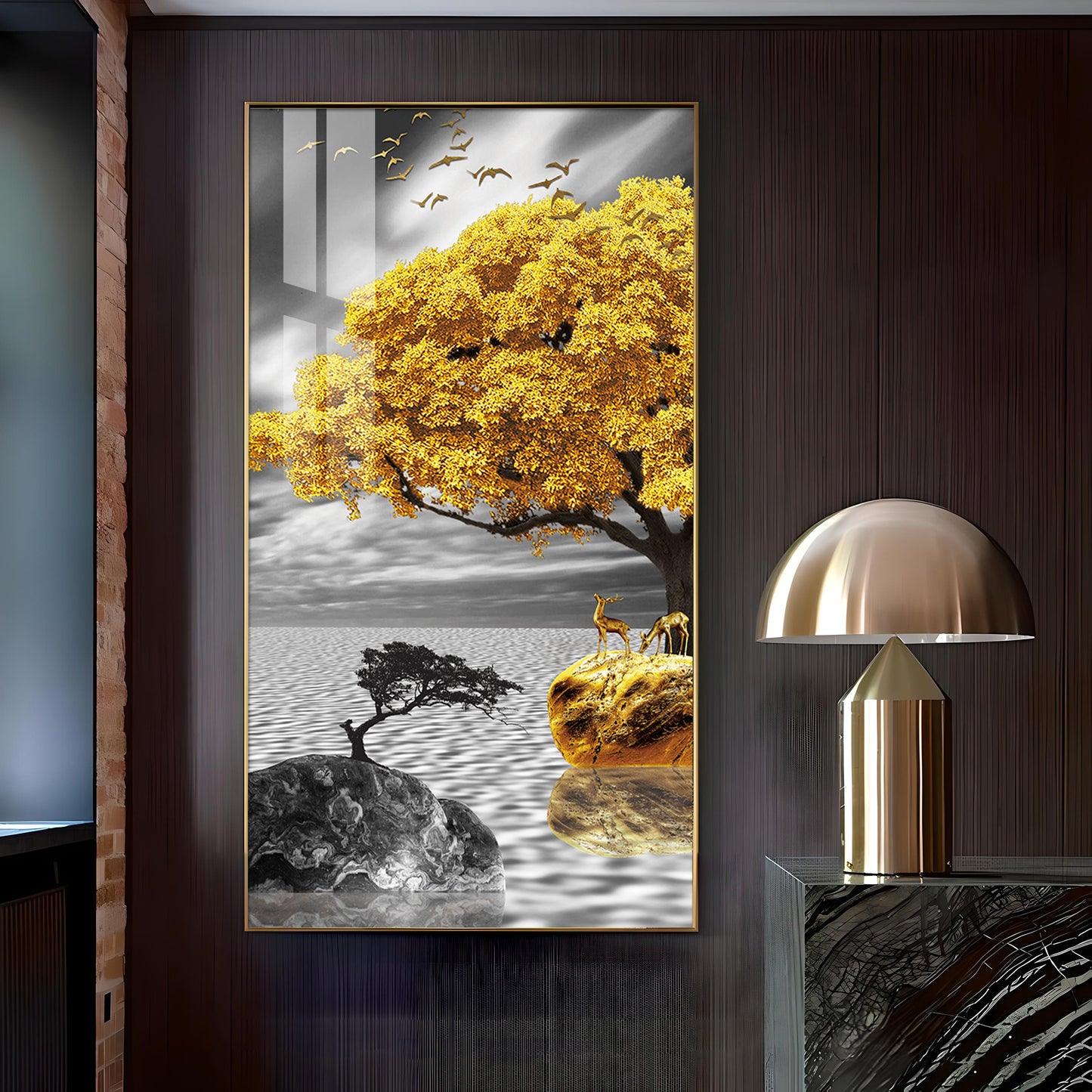 Golden Tree Oasis Glass Finish Vertical Wall Art