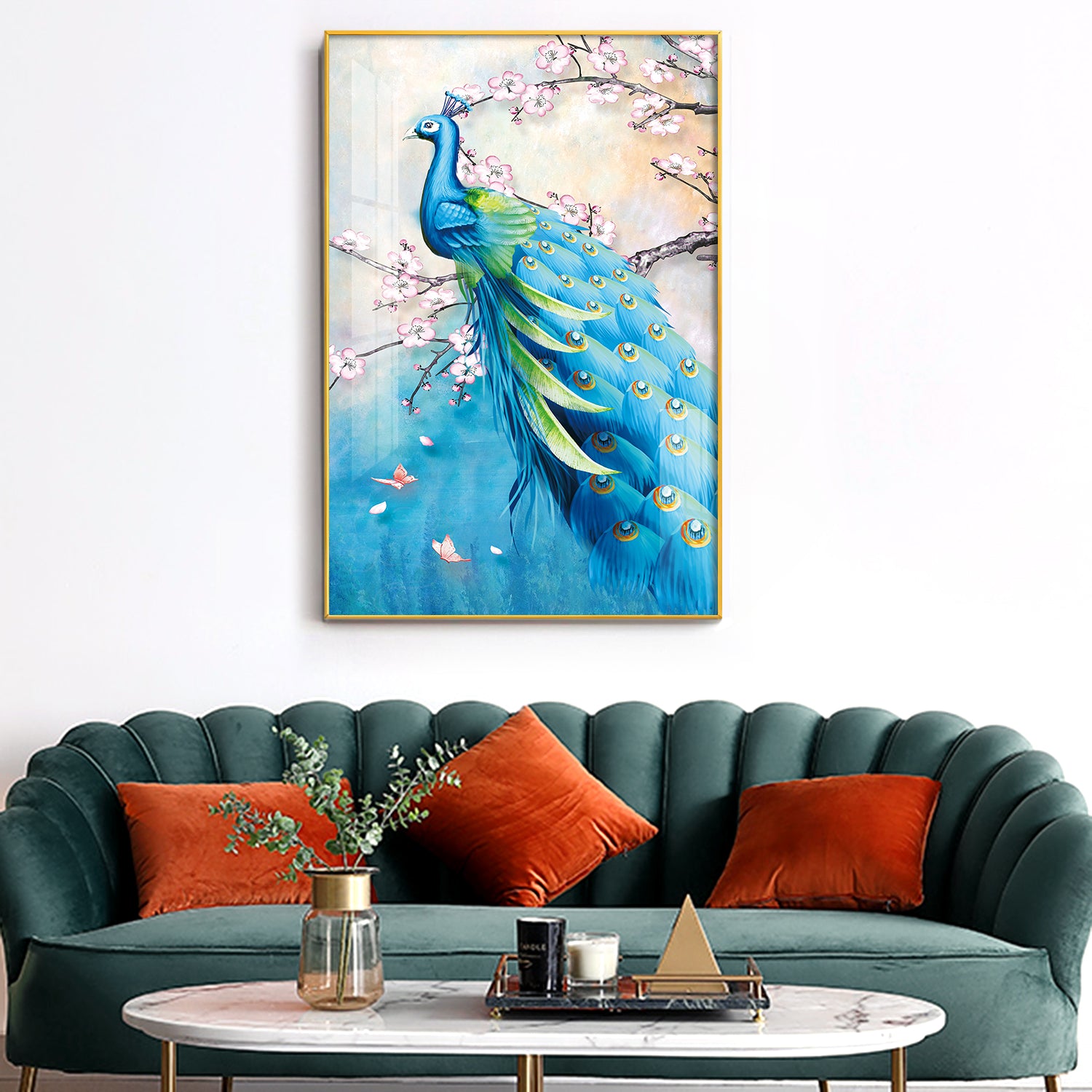 Peacock In Bloom Glass Finish Vertical Wall Art